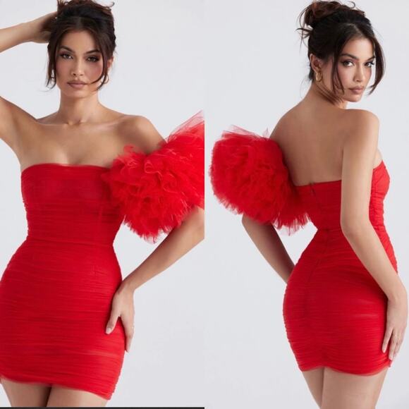 House Of Cb‎ London Noelle Off the Shoulder Ruffle Sleeve Mini Dress Red Size XS - Picture 2 of 13